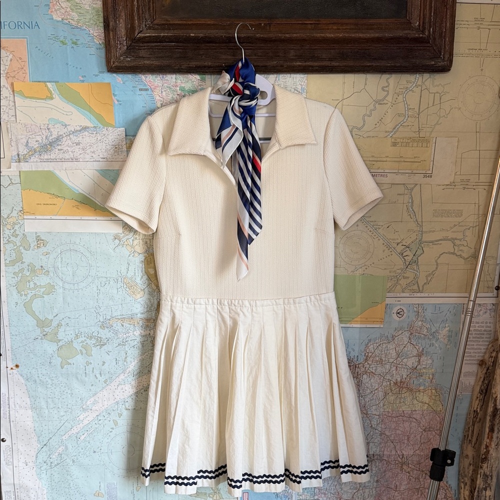 Anthropologie Cream Polo-Style Dress with Navy Trim
